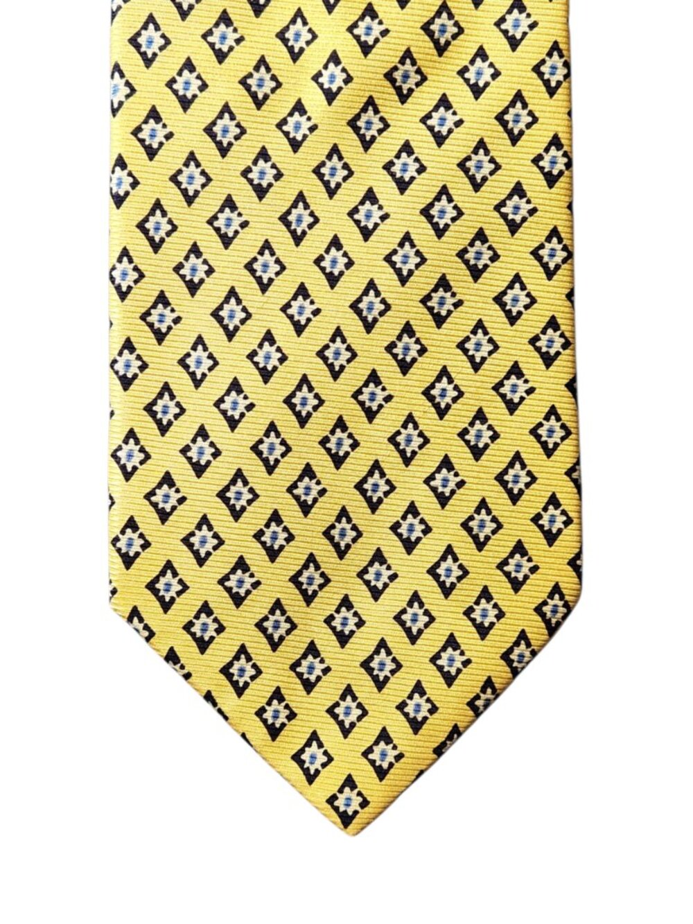 Brooks Brothers Makers Necktie Tie Yellow Black White Blue Geometric Silk Repp